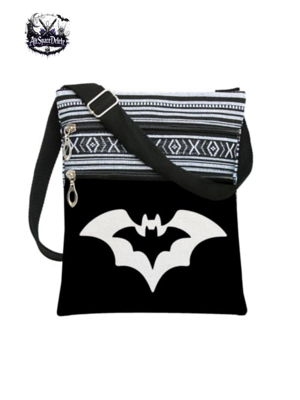 Gothic Bat Ethnic Print Crossbody Bag Adjustable Strap Zipper